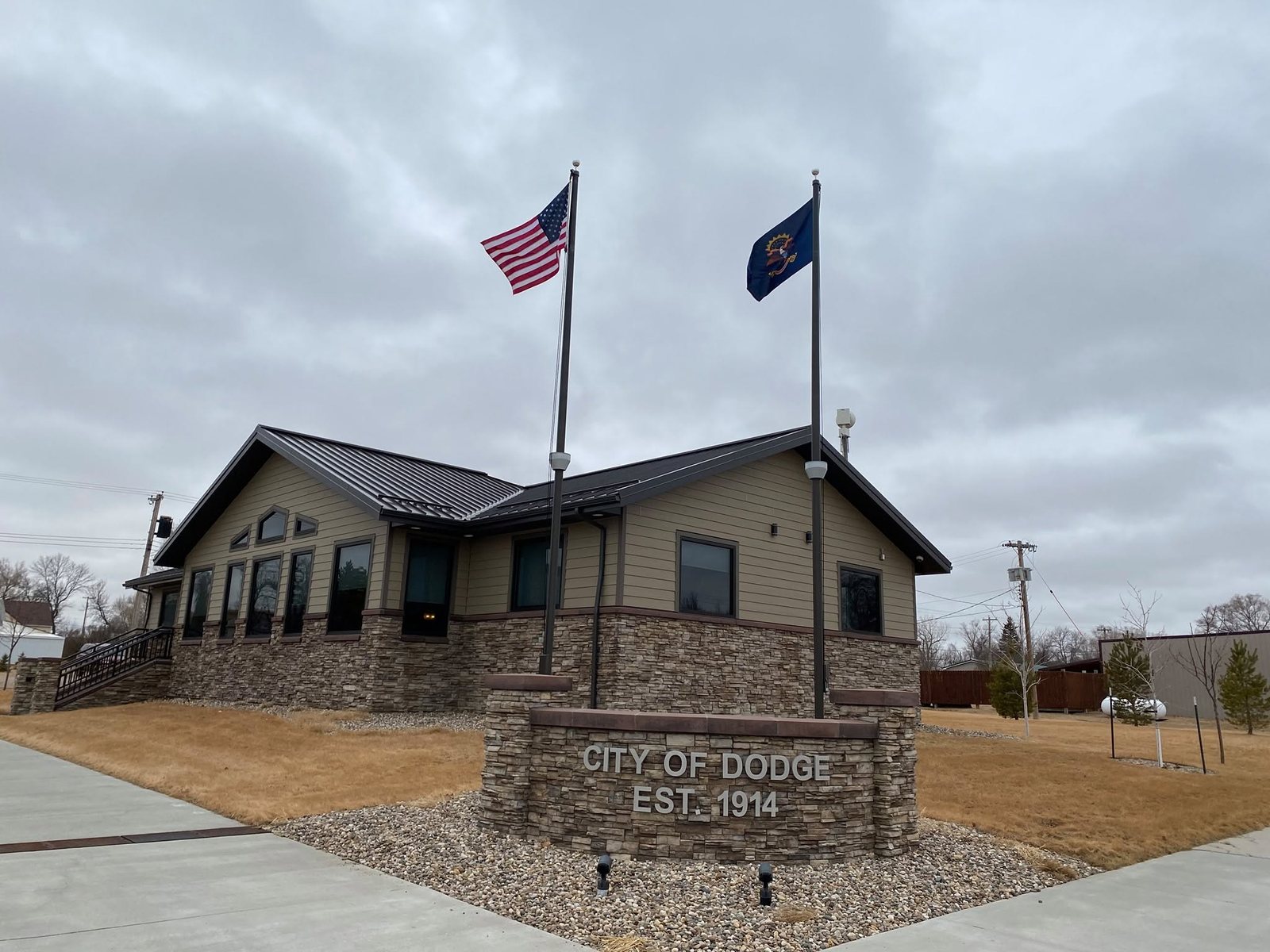 Dodge City Hall with the American and North Dakota flags flying out front
